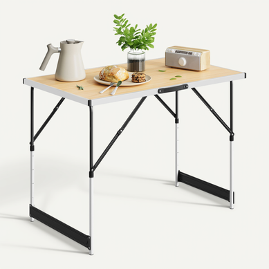 Table De Camping Pliante. Réglable En Hauteur Table De Jardin En Aluminium Acier Mdf.Chêne Clair Table De Camping Pliante. Réglable En Hauteur Table De Jardin En Aluminium Acier Mdf.Chêne Clair