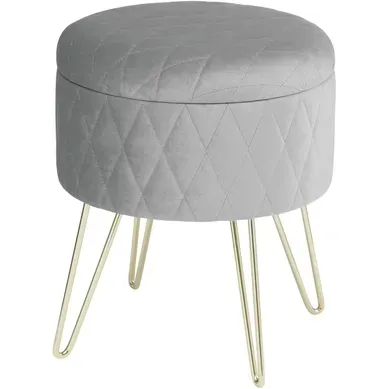 Pouf Coffre Rond Avec Espace De Rangement. Siège En Velours Pieds En Métal. Gris Clair Pouf Coffre Rond Avec Espace De Rangement. Siège En Velours Pieds En Métal. Gris Clair