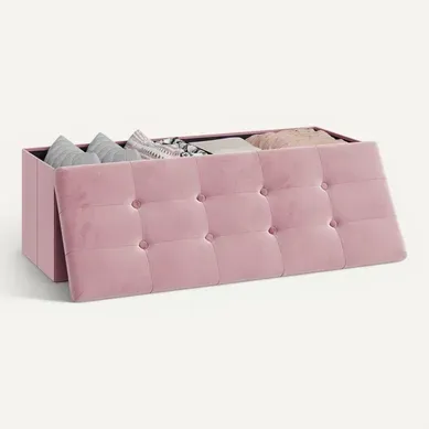 Banc De Rangement Pliable Pouf.coffre De Rangement Rembourré En Velours.110x37.5x38cm.rose