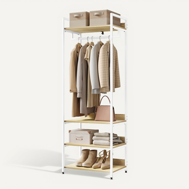 Portant Vêtements Box And Beyond Bois Métal Textilène - 1 Barre + 2 Étagères - 55 X 95 X 171 Cm Blanc/Naturel