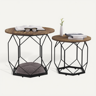 Lot De 2 Tables Basses Gigognes.table De Salon.cadre En Métal.style Industriel.chêne Vintage+noir.