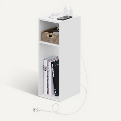 Table De Chevet, Table D’appoint Avec Station De Charge, 2 Ports USB+2 Prises, 25x30x60cm,Blanc