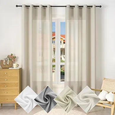 1 Pièce Rideau De Noël En Lin Souple Translucide,voilage De Fenêtre Avec Oeillets,135x225cm,sable