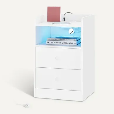 Table De Chevet Avec Station De Charge, Table D'appoint LED Avec 2 Tiroirs, Prises, Blanc