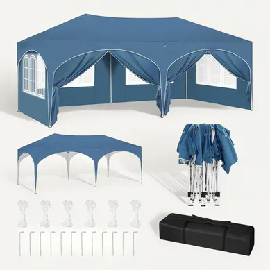 Tonnelle De Jardin Pliante Avec 6 Parois Latérales,Imperméable,Avec Sac De Transport,3x6m,Bleu Tonnelle De Jardin Pliante Avec 6 Parois Latérales,Imperméable,Avec Sac De Transport,3x6m,Bleu