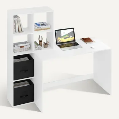 Table Avec Rangement Cubiques, Tiroirs En Tissu, Bureau D'ordinateur Avec Étagères, 140x50cm, Blanc