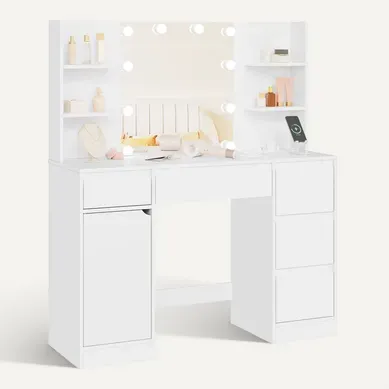 Coiffeuse Avec Miroir Et Multiprise, Luminosité Réglable, Table De Maquillage, 110x40 Cm, Blanc