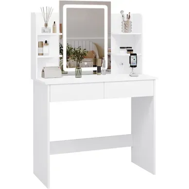 Coiffeuse Avec Miroir LED à Luminosité Réglable,2 USB Ports, Blanc