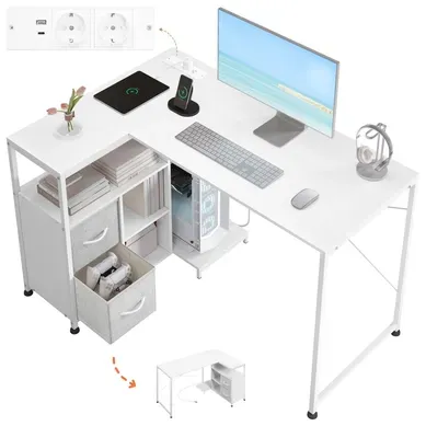 Bureau D'angle, Table D'ordinateur Avec Prises Et Port USB-a Typ-C,Étagère Réversible,120x80cm,Blanc Bureau D'angle, Table D'ordinateur Avec Prises Et Port USB-a Typ-C,Étagère Réversible,120x80cm,Blanc