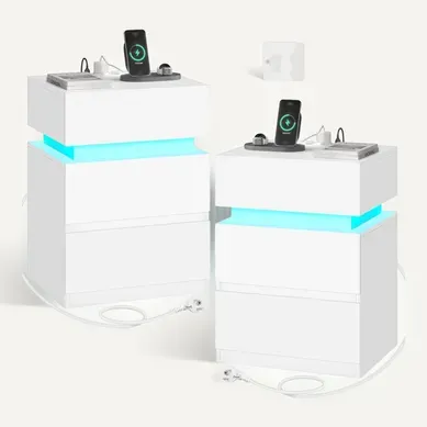 Lot De 2 Table De Chevet Avec Station De Charge, LED, 2 Prises, 2 Ports USB, 1 Casier, Blanc