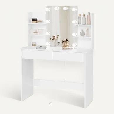 Coiffeuse Avec Miroir LED, Prises De Courant, Table De Maquillage, 90x135x40cm, Blanc Coiffeuse Avec Miroir LED, Prises De Courant, Table De Maquillage, 90x135x40cm, Blanc