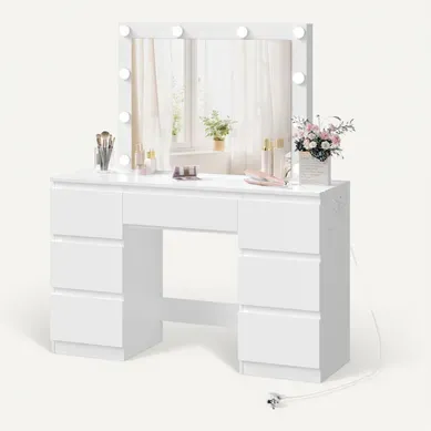 Coiffeuse Avec Miroir LED, Luminosité Réglable, Avec Multiprise, 110x39,5x140,5cm, Blanc Coiffeuse Avec Miroir LED, Luminosité Réglable, Avec Multiprise, 110x39,5x140,5cm, Blanc