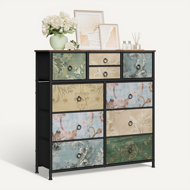 Commode à 10 Tiroirs En Tissu, Meuble Rangement, Motif De Fleur Vintage,cadre En Métal,100x30x100cm Commode à 10 Tiroirs En Tissu, Meuble Rangement, Motif De Fleur Vintage,cadre En Métal,100x30x100cm