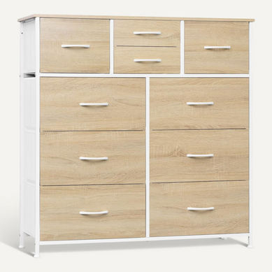 Commode, Meuble De Rangement, Avec 10 Tiroirs En Tissu, Cadre En Métal, Chêne Clair + Blanc Commode, Meuble De Rangement, Avec 10 Tiroirs En Tissu, Cadre En Métal, Chêne Clair + Blanc