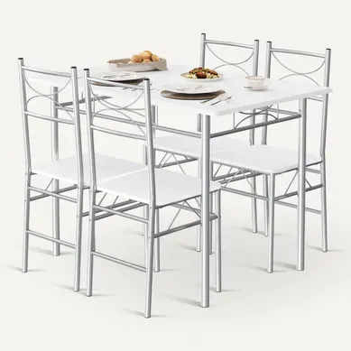 Table à Manger Avec 4 Chaises, Ensemble Table Et 4 Chaises, En Mdf Et Métal, Blanc + Argenté Table à Manger Avec 4 Chaises, Ensemble Table Et 4 Chaises, En Mdf Et Métal, Blanc + Argenté