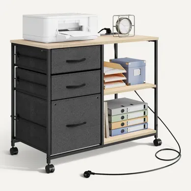Caisson Bureau à Roulettes Avec Station Charge, Meuble Imprimante, 2 Prises, 2 Ports USB,Chêne Clair