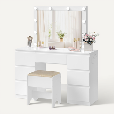 Coiffeuse Avec Miroir LED, Tabouret, Multiprise, Luminosité Réglable, 110x39,5x140,5cm, Blanc Coiffeuse Avec Miroir LED, Tabouret, Multiprise, Luminosité Réglable, 110x39,5x140,5cm, Blanc