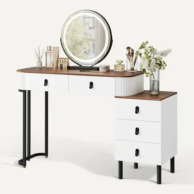 Coiffeuse Avec Miroir LED Réglable, Avec Tiroirs, 1 Commode,Miroir Pivotant,Effet Bois Marron Orangé Coiffeuse Avec Miroir LED Réglable, Avec Tiroirs, 1 Commode,Miroir Pivotant,Effet Bois Marron Orangé