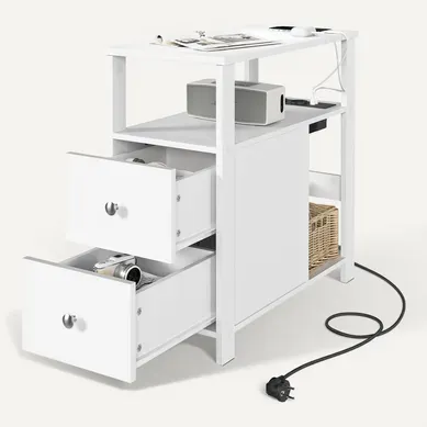 Table D'appoint Avec Prise Intégrée, Table De Chevet Avec 2 Tiroirs 2 Étagères, 60x60x30cm, Blanc