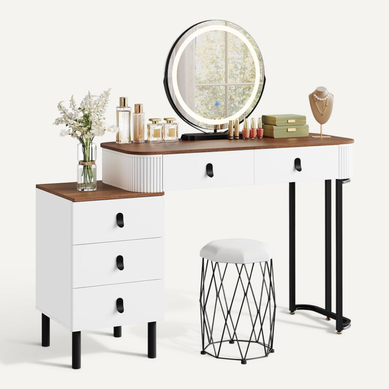 Coiffeuse Avec Miroir LED Réglable, Avec Tiroirs,1 Commode,Miroir Pivotant,Effet Bois Marron Orangé