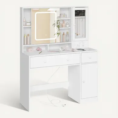 Coiffeuse Avec Miroir LED Réglable,Prise De Courant,Placard De Bijoux,Grands Tiroirs,108x40cm,Blanc Coiffeuse Avec Miroir LED Réglable,Prise De Courant,Placard De Bijoux,Grands Tiroirs,108x40cm,Blanc