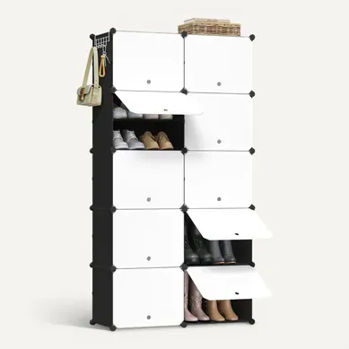 Meuble Chaussure, Rangement Chaussure Avec 10 Compartiments, Empilable, En Plastique, Blanc+Noir Meuble Chaussure, Rangement Chaussure Avec 10 Compartiments, Empilable, En Plastique, Blanc+Noir