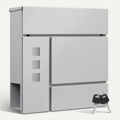 Boîte Aux Lettres Murale Avec 3 Fenêtres, 2 Clés, Couvercle à Charnière Et Porte-journaux, Gris