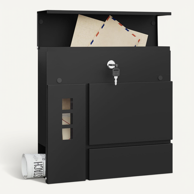 Boîte Aux Lettres Murale Avec 3 Fenêtres, 2 Clés, Couvercle à Charnière Et Porte-journaux, Noir