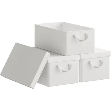 Lot De 3 Boîte De Rangement Avec Couvercle Amovible,pliable,en Tissu,avec Poignée,blanc,48x29x20cm Lot De 3 Boîte De Rangement Avec Couvercle Amovible,pliable,en Tissu,avec Poignée,blanc,48x29x20cm