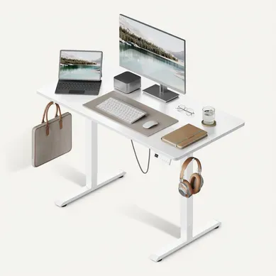 Bureau Assis Debout,Hauteur Réglable Électrique,72-118cm,Réglage En Continu,Crochets,120x60cm,Blanc
