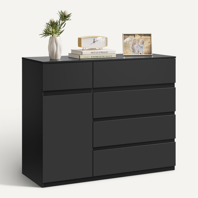Commode Chambre,Avec 5 Tiroirs Et 1 Placard,Étagère Réglable,En Bois D'ingénierie,100x40x80cm,Noir Commode Chambre,Avec 5 Tiroirs Et 1 Placard,Étagère Réglable,En Bois D'ingénierie,100x40x80cm,Noir