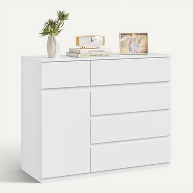 Commode Chambre, 5 Tiroirs Et 1 Placard, Étagère Réglable, 100x40x80cm, Blanc