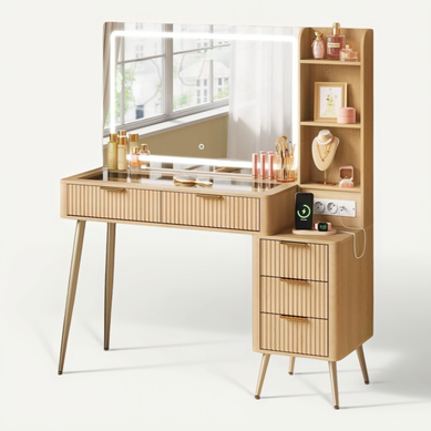 Coiffeuse Avec Grand Miroir LED Réglable, Multiprise,plateau En Verre Trempé,table Maquillage,chêne