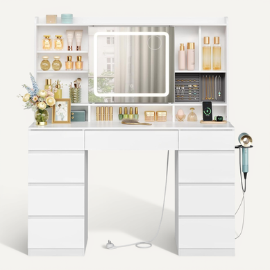 Coiffeuse Avec Miroir LED Coulissant, Multiprise, Luminosité Réglable, 1 casier à Bijoux en Bois Coiffeuse Avec Miroir LED Coulissant, Multiprise, Luminosité Réglable, 1 casier à Bijoux en Bois