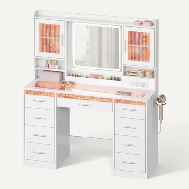 Coiffeuse Avec Miroir LED Réglable Et Éclairage RGB, Plateau En Verre, Prise De Courant, Blanc Coiffeuse Avec Miroir LED Réglable Et Éclairage RGB, Plateau En Verre, Prise De Courant, Blanc