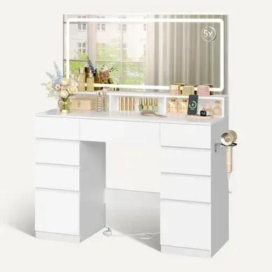 Coiffeuse avec Grand et Grossissant Miroir LED, Table de Maquillage avec 9 Tiroirs, en Bois, Blanc Coiffeuse avec Grand et Grossissant Miroir LED, Table de Maquillage avec 9 Tiroirs, en Bois, Blanc