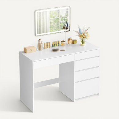 Coiffeuse Bureau 2 En 1 Avec Miroir LED, 5 Tiroirs, Table Maquillage, 100x45x75cm, En Bois, Blanc Coiffeuse Bureau 2 En 1 Avec Miroir LED, 5 Tiroirs, Table Maquillage, 100x45x75cm, En Bois, Blanc