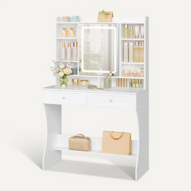 Coiffeuse Avec Miroir LED, Table De Maquillage Avec Étagères Ajustables, Armoire à Bijoux, Blanc Coiffeuse Avec Miroir LED, Table De Maquillage Avec Étagères Ajustables, Armoire à Bijoux, Blanc