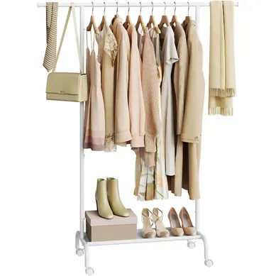 Portant à Vêtements Sur Roulettes, 84x40x156cm, Porte Manteau Avec Étagère En Tissu Oxford, Blanc