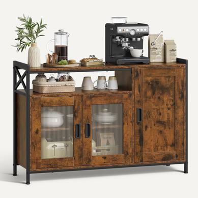 Buffet De Cuisine, Meuble De Rangement, Avec 3 Portes, 110x33x75cm, En Bois+métal, Marron Rustique