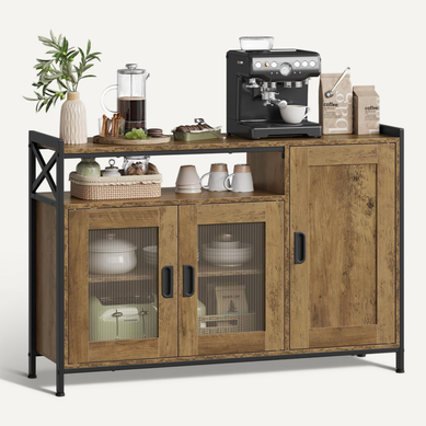 Buffet De Cuisine, Meuble De Rangement, Avec 3 Portes, 110x33x75 Cm, En Bois+métal, Chêne Brun