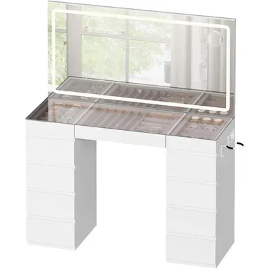 Coiffeuse Avec Grand Miroir LED, Plateau En Verre, 11 Tiroirs, Station De Charge, Blanc