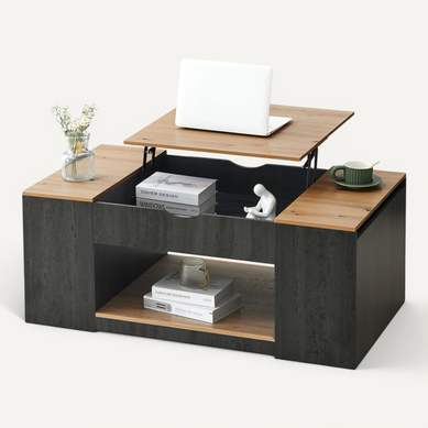 Table Basse relevable 109,5 X 59,7 X 57,4 Cm coffre ouvrant De Rangement, MDF, Gris et bois