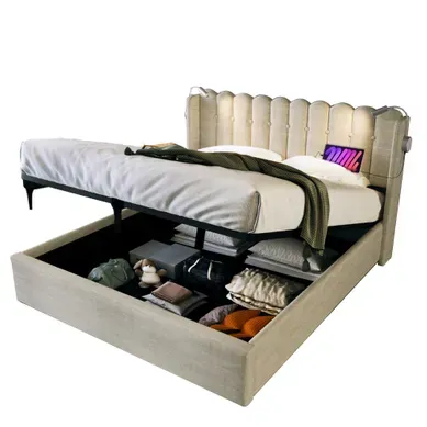 Ensemble Lit Coffre 140x200 Et Matelas Ressort, Avec Liseuse Et USB Lin Beige Ensemble Lit Coffre 140x200 Et Matelas Ressort, Avec Liseuse Et USB Lin Beige