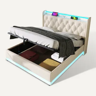 Lit Adulte 160x200cm, Lit Double, Lit Coffre Avec LED, Port USB Et Type-c, Pu, Blanc