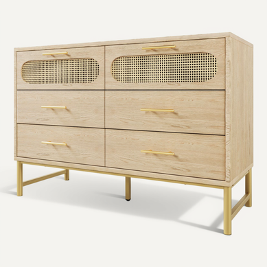 Commode En Rotin Moderne 120x40x74 Cm Avec 6 Tiroirs Et Poignée Dorée, Métal, Couleur Bois Commode En Rotin Moderne 120x40x74 Cm Avec 6 Tiroirs Et Poignée Dorée, Métal, Couleur Bois