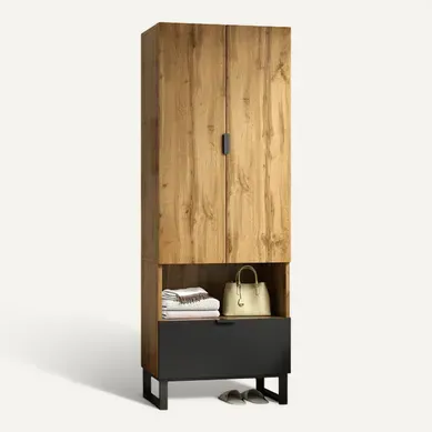 Armoire 65x38x180cm, Tringle à Vêtements, 2 Portes, 1 Tiroir, 1 Niche,couleur Bois Et Noir