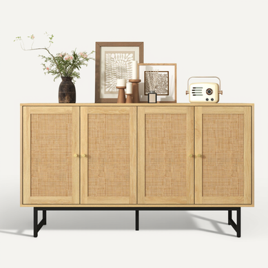 Buffet 4 Portes Rotin 140x39.5x80 Cm, Design Moderne, Panneaux Particules, Couleur Bois