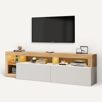 Meuble TV 184cm Pour Téléviseurs Jusqu'à 80" Avec Éclairage LED Et 2 Portes, Panneaux De Particules