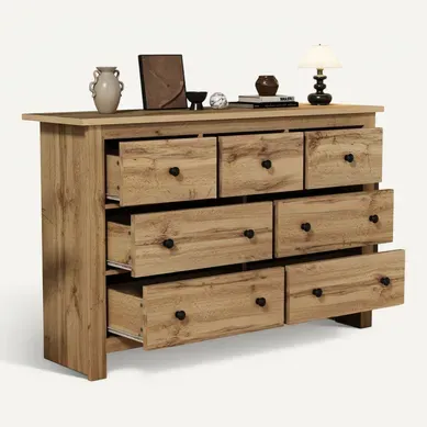 Commode Bois Salon 7 Tiroirs, Meuble De Rangement 152x40x88.5cm, Panneaux Particules Commode Bois Salon 7 Tiroirs, Meuble De Rangement 152x40x88.5cm, Panneaux Particules